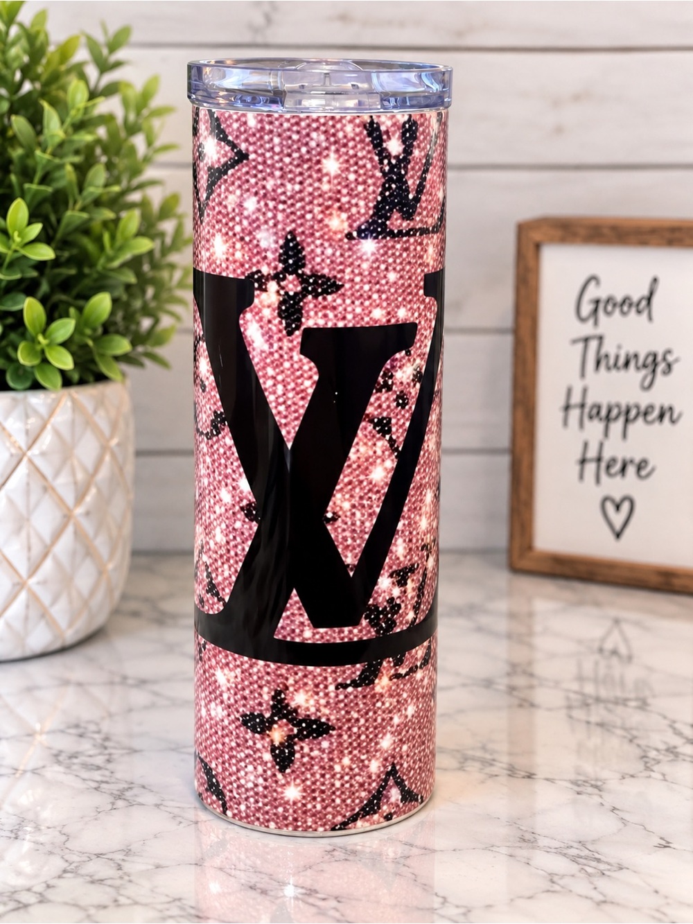 Pink Glitter Luxury LV Inspired 20oz Stainless Steel Skinny Tumbler